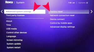 Factory reset of the roku device